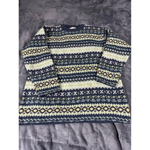United Colors of Benetton Womens Fair Isle Shetland Wool Sweater Navy Blue Small - Picture 1 of 9